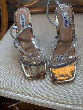 Steve Madden Metallic Silver Rhinestone Strappy Heels